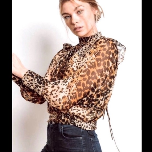 New FREE PEOPLE Roma Ruffle Blouse Top Shirt Leopard Animal Print Semi Sheer NWT - Picture 3 of 15